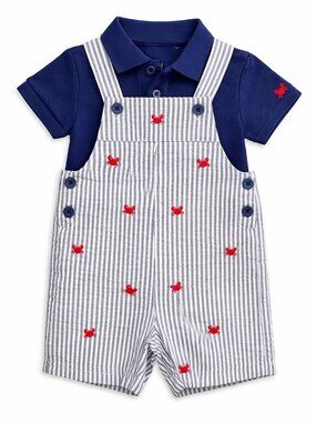 NWT Little Me Baby Boy 2 Piece Romper Set Blue Seersucker Crab Shortall Outfit